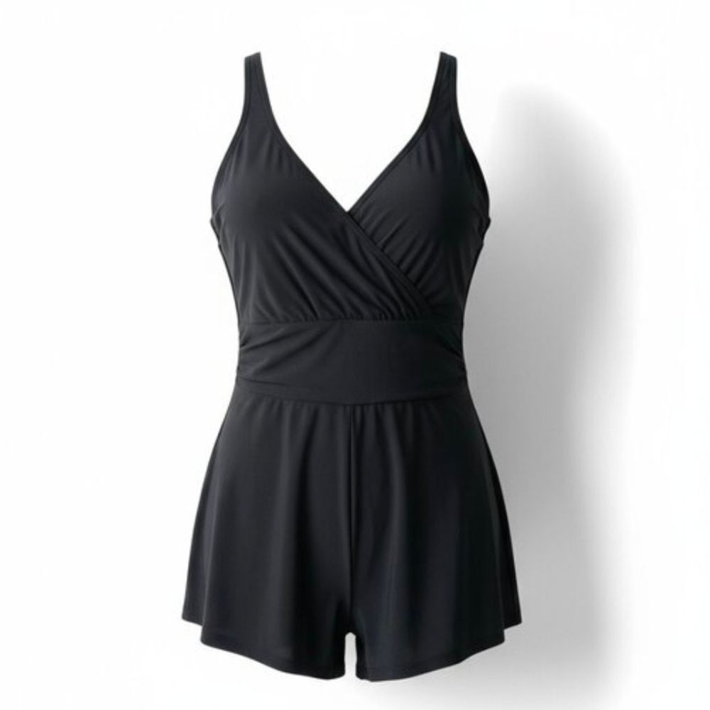 Vanishing Act Black Women's V-Neck One-Piece Swimsuit Belly Control Plus Size 14